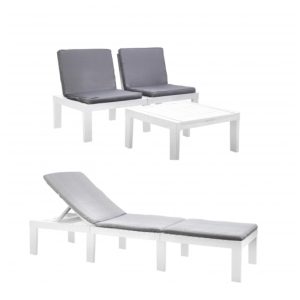 Conjunto Duetto de Jardín Mesa + 2 Sillones y Tumbona con Cojines