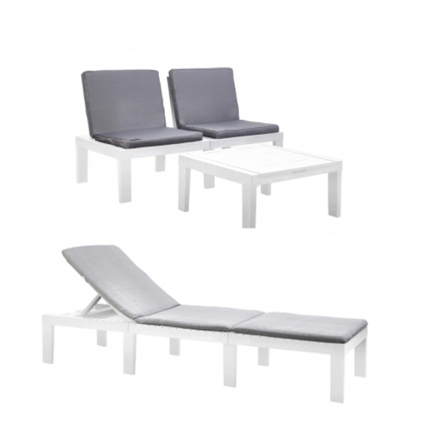 Conjunto Duetto de Jardín Mesa + 2 Sillones y Tumbona con Cojines